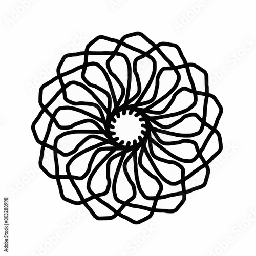 Abstract futuristic spiral maze, Floral graphic elements big vector set. Flowers and plants hand drawn illustrations, Black contour isolated on white background, spiral flowers art, business industry