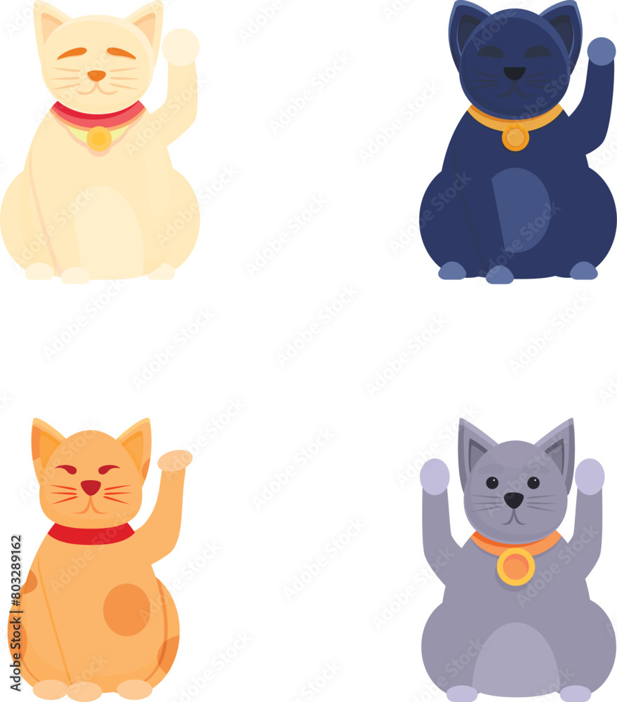 Maneki neko icons set cartoon vector. Japanese cat maneki neko with raised paw. Asian figurine for good luck