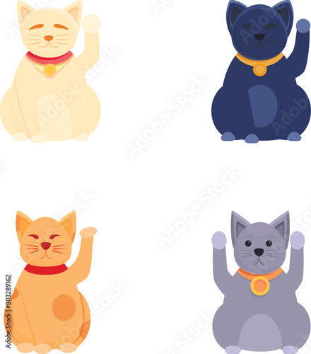 Maneki neko icons set cartoon vector. Japanese cat maneki neko with raised paw. Asian figurine for good luck