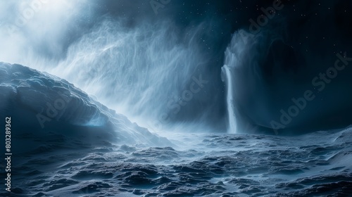 Dramatic icy landscape with cascading geyser under starlit sky
