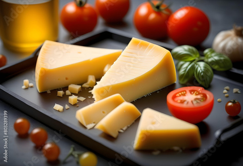 A close-up of Grana Padano cheese with a tomato on top, with a grey background and bokeh lights