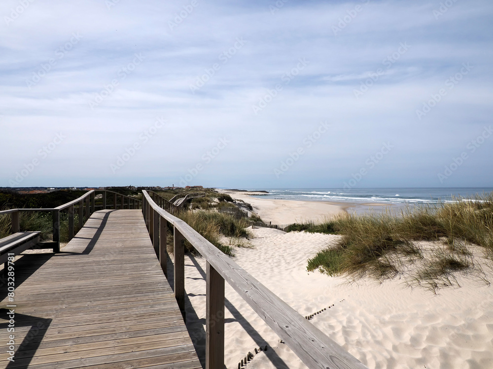 wooden walkway path Aveiro portugal sand dunes Atlantic Ocean beach view landscape panorama