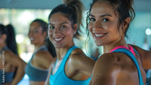 Latin American women in workout attire exercising together in a gym . Concept Latin American culture, Fitness, Gym workouts, Women's Exercise, Group Fitness
