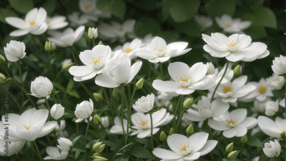 many white flowers with yellow centers growing in a field. many white flowers with yellow centers growing in a field.