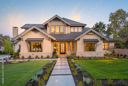 An elegant craftsman cottage style house in warm beige, with a triple pitched roof, meticulously designed front yard, and inviting pathway, reflecting a modern and cozy home atmosphere.