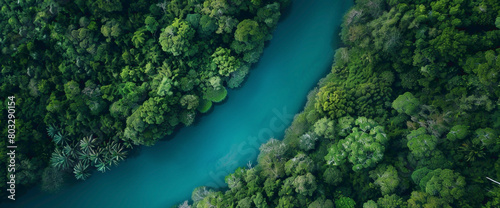 A tranquil teal-colored river winding its way through a lush forest, inviting peaceful contemplation.