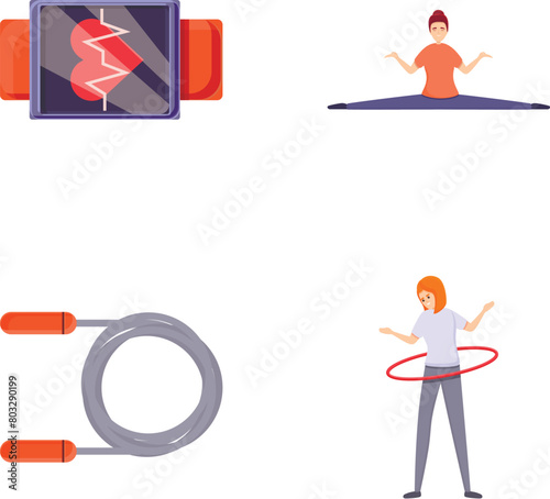 Gym workout icons set cartoon vector. People doing sport or physical exercise. Physical activity, sport