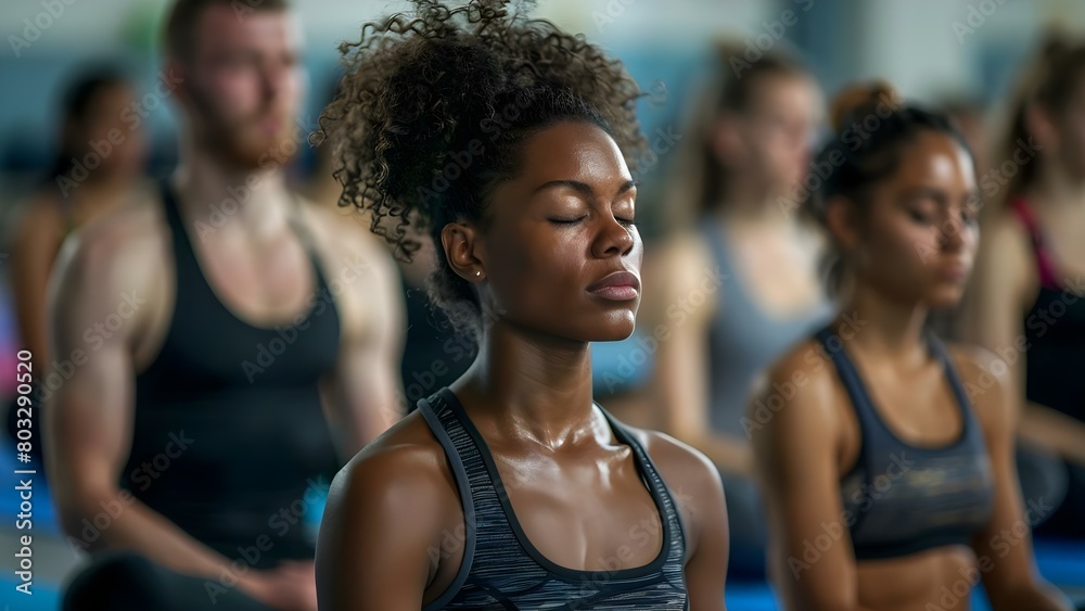 Group meditation during yoga workout at a sports club with closed eyes . Concept Group Meditation, Yoga Workout, Sports Club, Closed Eyes, Mindfulness