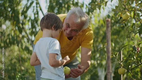 Grandfather and grandchild embracing in an apple orchard. Soft focus portrait with bokeh and natural lighting. Family love and nurturing concept. Design for family counseling resources, parenting