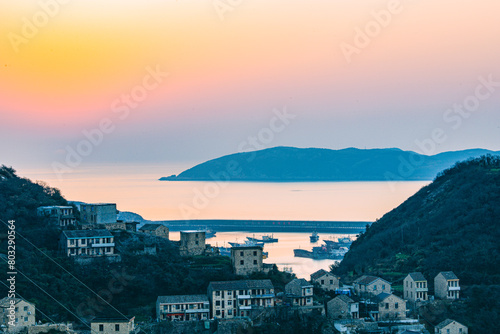 Xiaoruo Village, Wenling City, Taizhou City, Zhejiang Province - fishing village and fishing port at sunrise photo