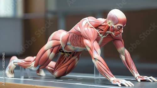 Anatomical model showing sprint start position with highlighted engaged muscle groups. Concept Anatomy, Sprinting, Muscle Groups, Athletic Training, Biomechanics photo