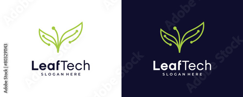 leaf design logo inspiration with connection tech lines photo