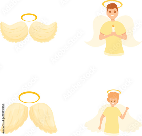 Angel character icons set cartoon vector. Young guy with wing and halo. Religion theme
