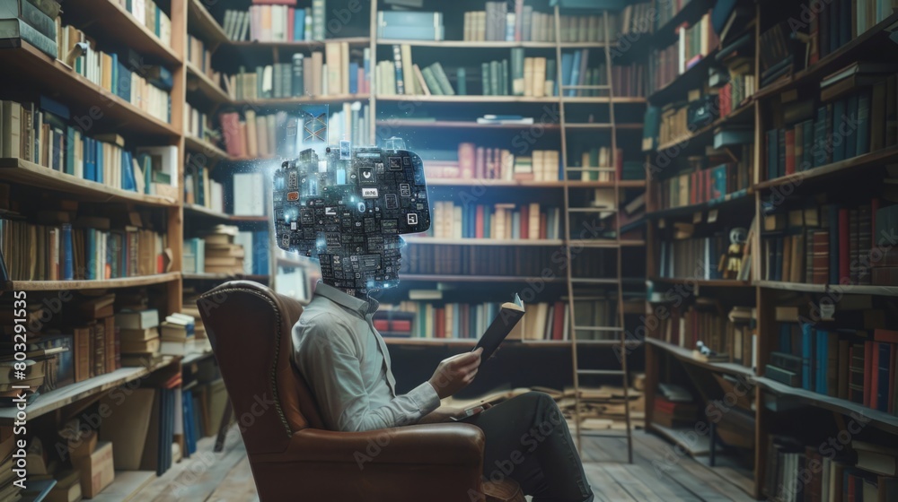 A man is seated in a chair in front of a bookshelf packed with various books. A man is seated in a chair in front of a bookshelf packed with various books.