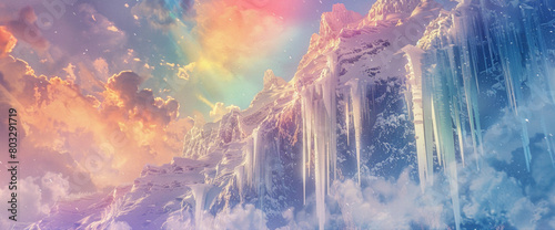 Crystal-clear icicles hanging from the jagged cliffs of a snow-capped mountn, refracting the vibrant colors of a rnbow stretching across the sky. photo
