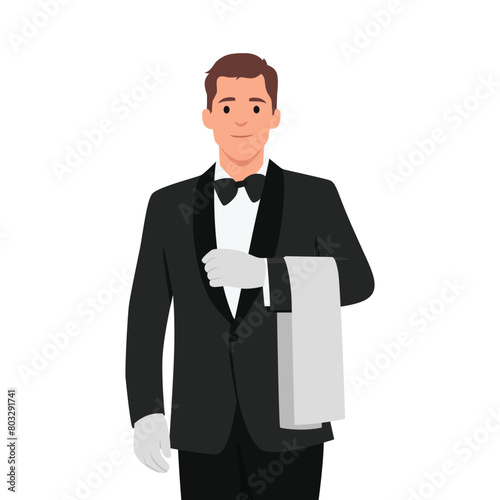 Handsome yong waiter in tuxedo and gloves holding napkin. Flat vector illustration isolated on white background