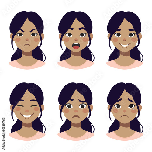 Girl's emotions - set. Cute beautiful girl smiling, angry, sad. Vector illustration