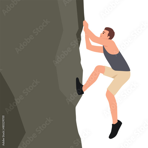 Young man climbing on a limestone wall. Flat vector illustration isolated on white background