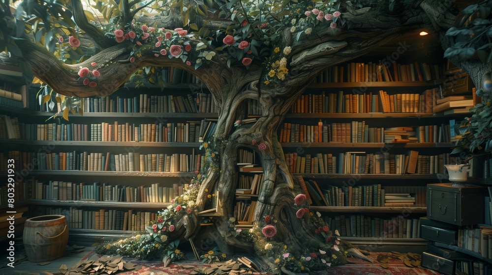 Obraz premium Enchanted Tree Bookcase, generative ai