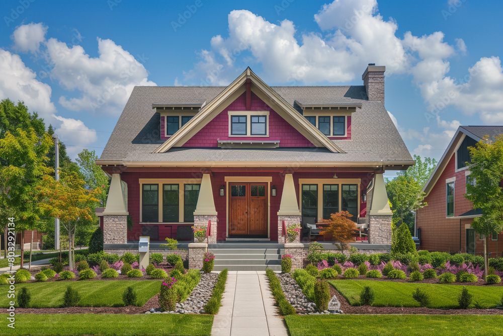A front view of a striking magenta craftsman cottage style home, with a triple pitched roof, beautifully designed landscaping, a straight sidewalk, and outstanding curb appeal.