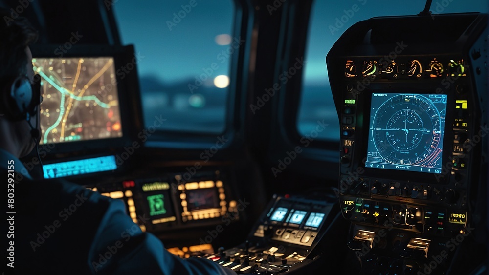 The image shows a pilot sitting in a cockpit of an airplane. The pilot is wearing a headset and looking at the instrument panel. The image shows a pilot sitting in a cockpit of an airplane. The pilot is wearing a headset and looking at the instrument panel.