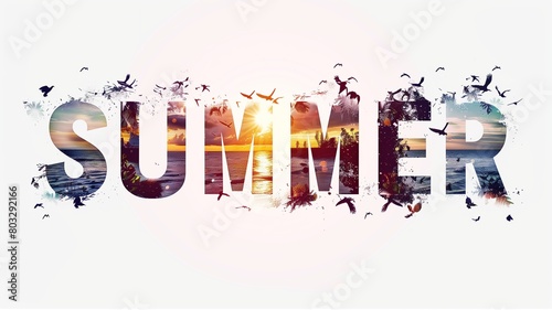 the word SUMMER in a silhouette double exposure of beach scenes and sunset photos, overlay, art