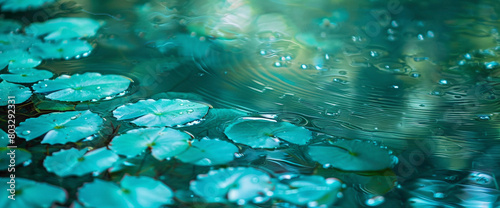 Delicate teal-colored petals floating on the surface of a tranquil pond, creating a serene tableau of nature's beauty.