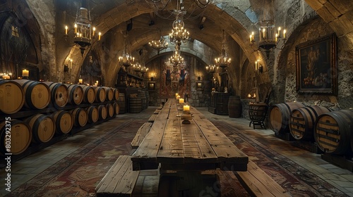 Historic Tapestry-Lined Meeting Room with Stone Walls, generative ai