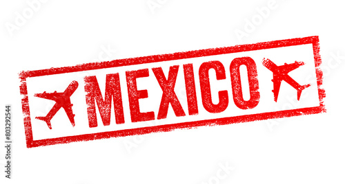 Mexico is a country in the southern portion of North America, text emblem stamp with airplane