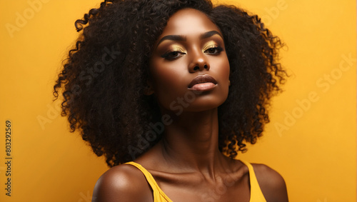 Portrait of beautiful black dark skin woman isolated on yellow background © adynue