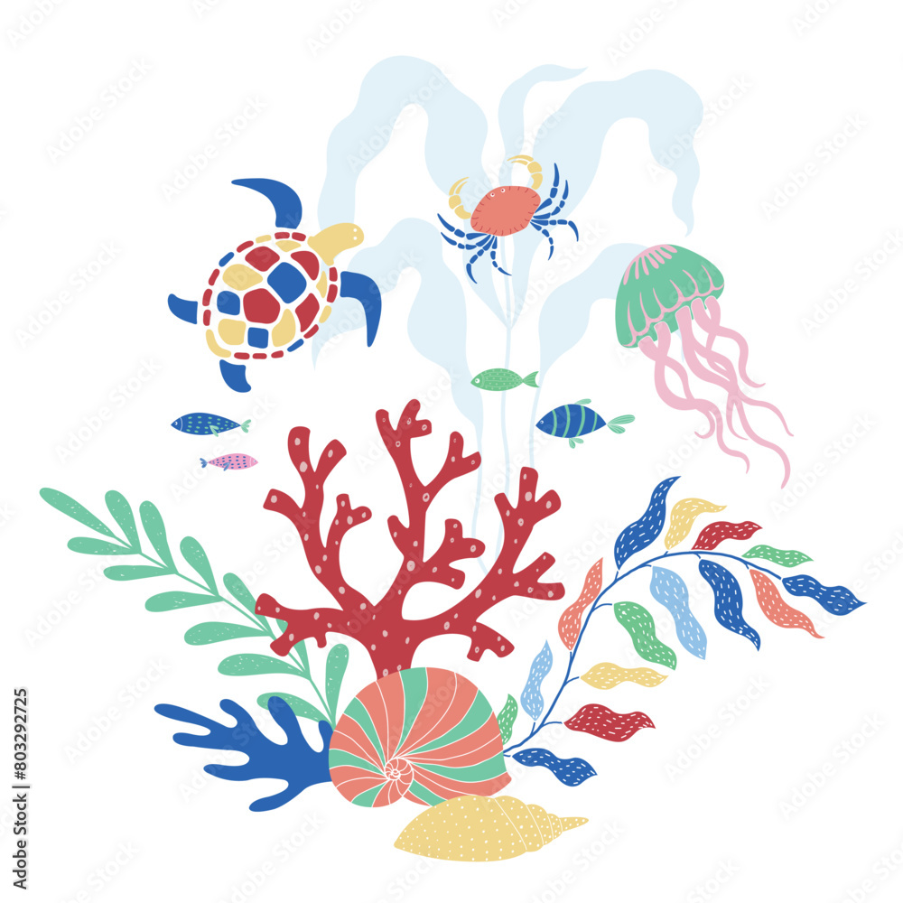Fototapeta premium Vector Illustration of Sealife Print with Sea Turtle.