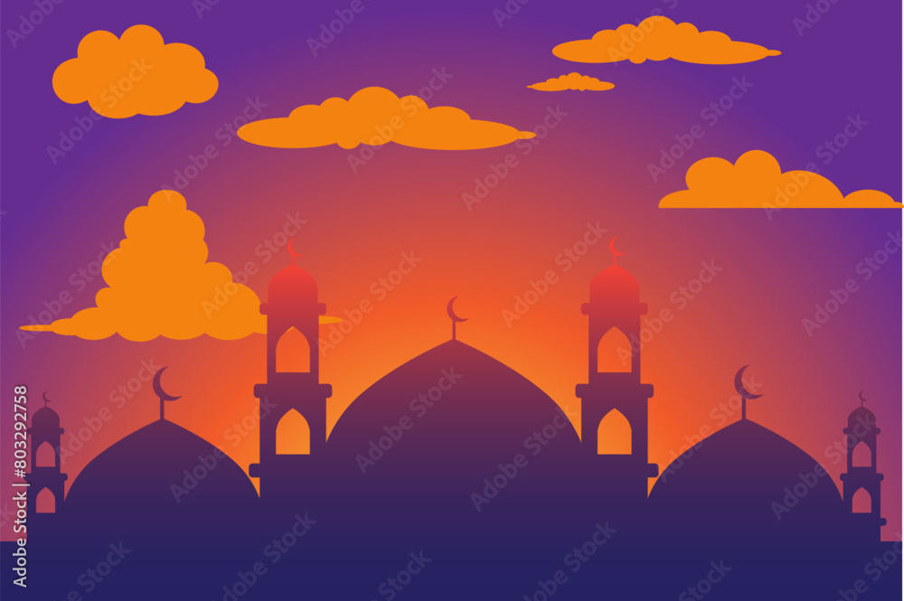 Islamic background vector. Illustration of mosque in a sunset view
