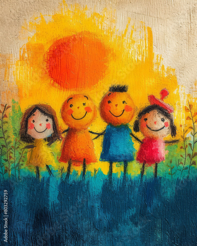 happy children standing in front of the sun, acrylic paint style, na ve colors, colorful