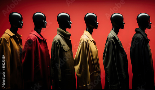 Mannequins in various coats on a red background.