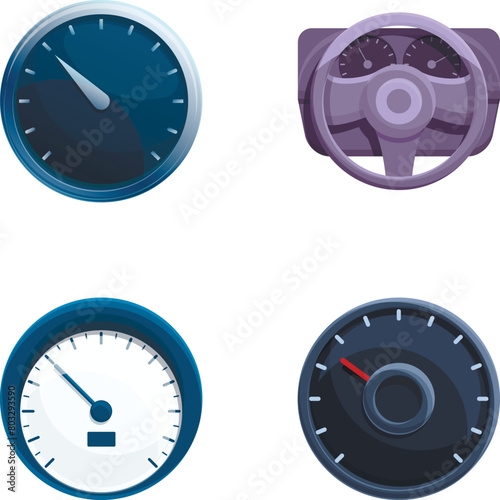 Speedometer icons set cartoon vector. Various style of car speedometer. Speed indicator