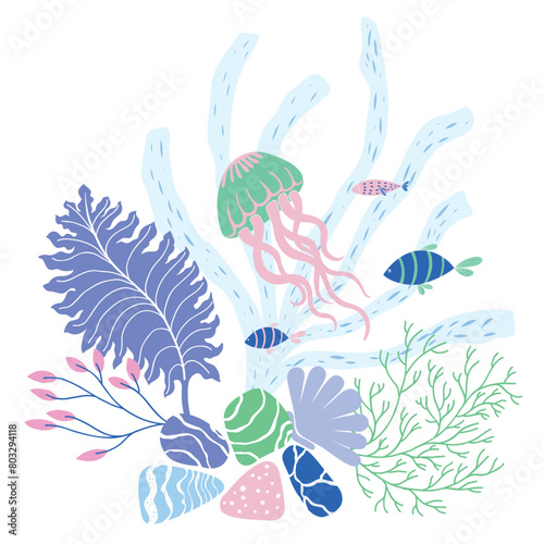 Vector Illustration of Sealife Print with Jellyfish.