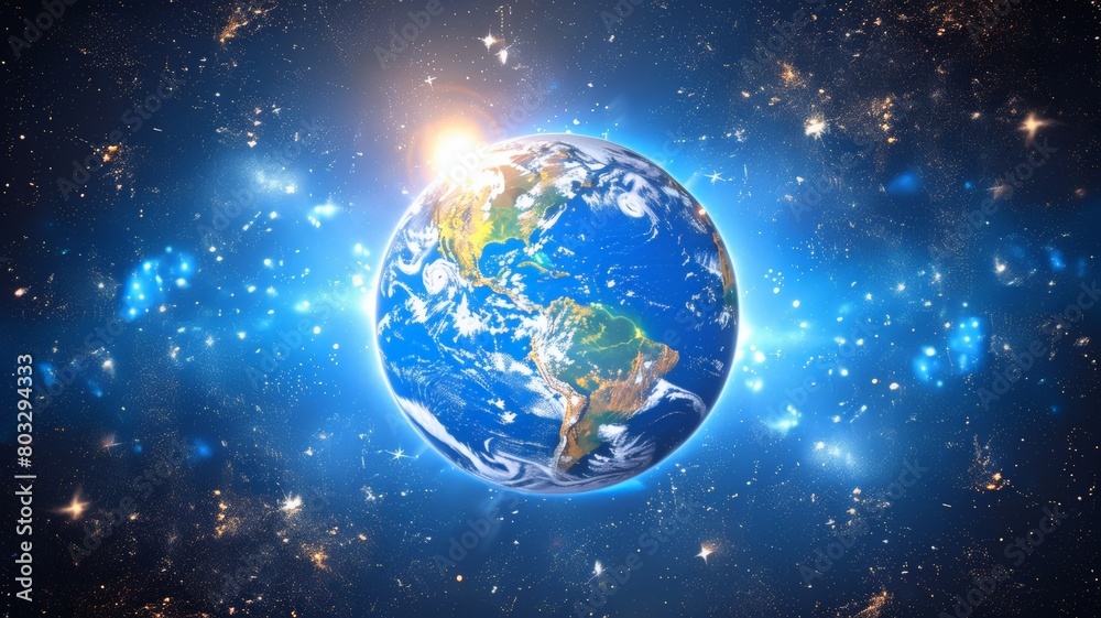 The Earth, situated in the vastness of space, is encompassed by numerous twinkling stars in the night sky The Earth, situated in the vastness of space, is encompassed by numerous twinkling stars in the night sky