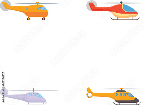 Medical helicopter icons set cartoon vector. Various flying colorful chopper. Air transportation photo