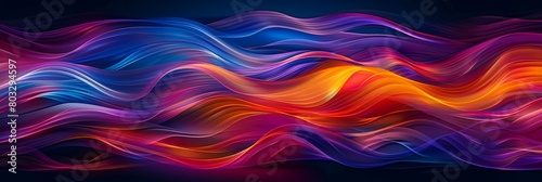 A painting featuring dynamic wavy lines set against a stark black backdrop
