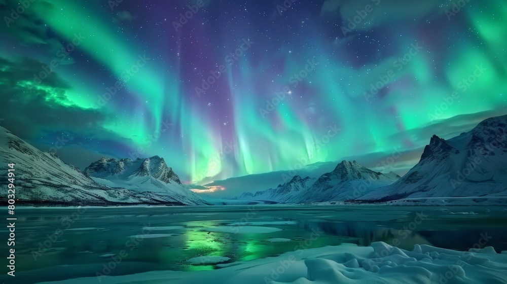 Aurora Borealis over Snowy Mountains: A Vibrant Display of Nature's Art