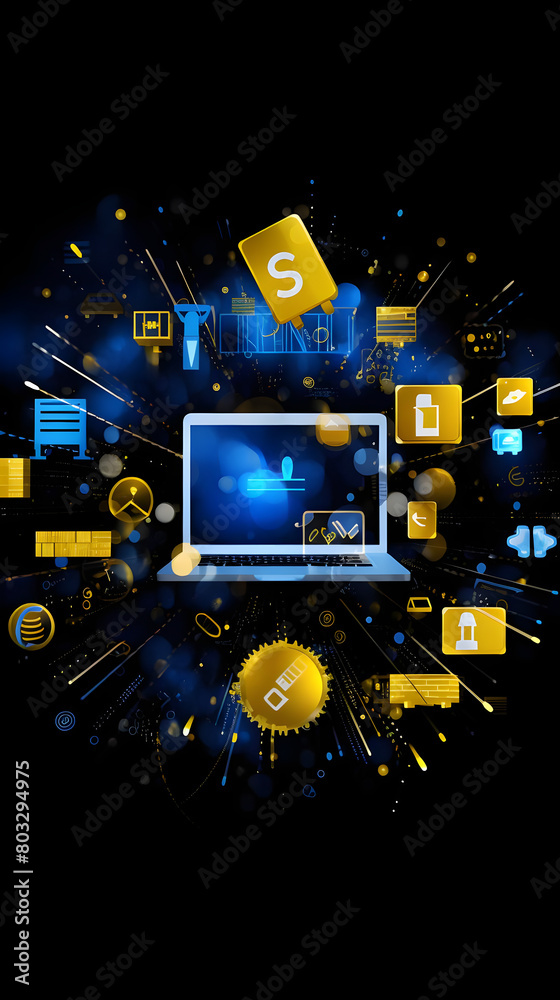 E commerce Technology Concept with Blue and Yellow Online Shopping Icons and Secure Payment Indicating E commerce Platforms on Black Background