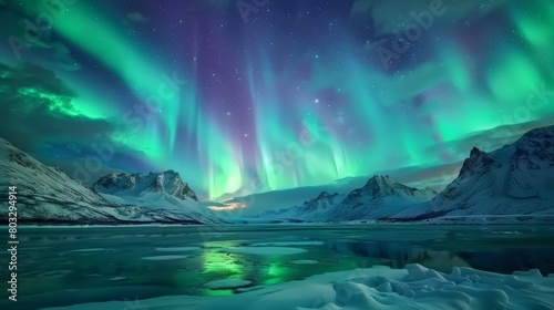 Aurora Borealis over Snowy Mountains: A Vibrant Display of Nature's Art © Yusif