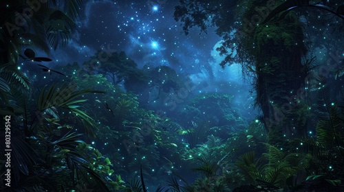 Enigmatic bioluminescent jungle under a starry sky  A magical  glowing nighttime landscape