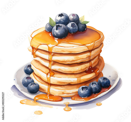 Watercolor stack of pancakes with blueberries and maple syrup on white plate isolated on white background. © Nataliia Pyzhova