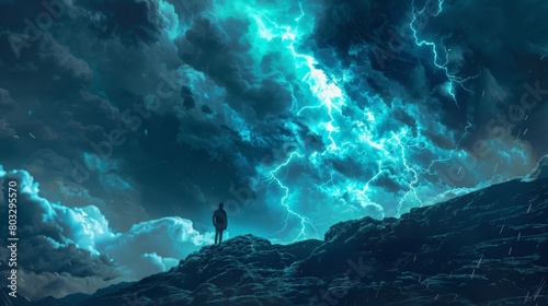 Lone figure stands against a vivid stormy sky, lightning and cloud drama
