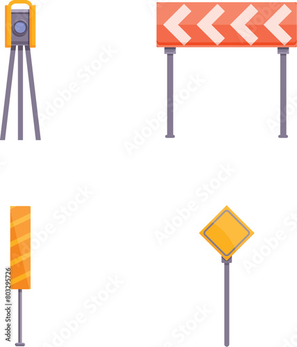 Road reconstruction icons set cartoon vector. Equipment for road repair. Warning sign