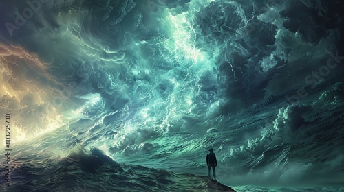 Mysterious figure stands on shoreline as cosmic storm unfurls in vivid blues