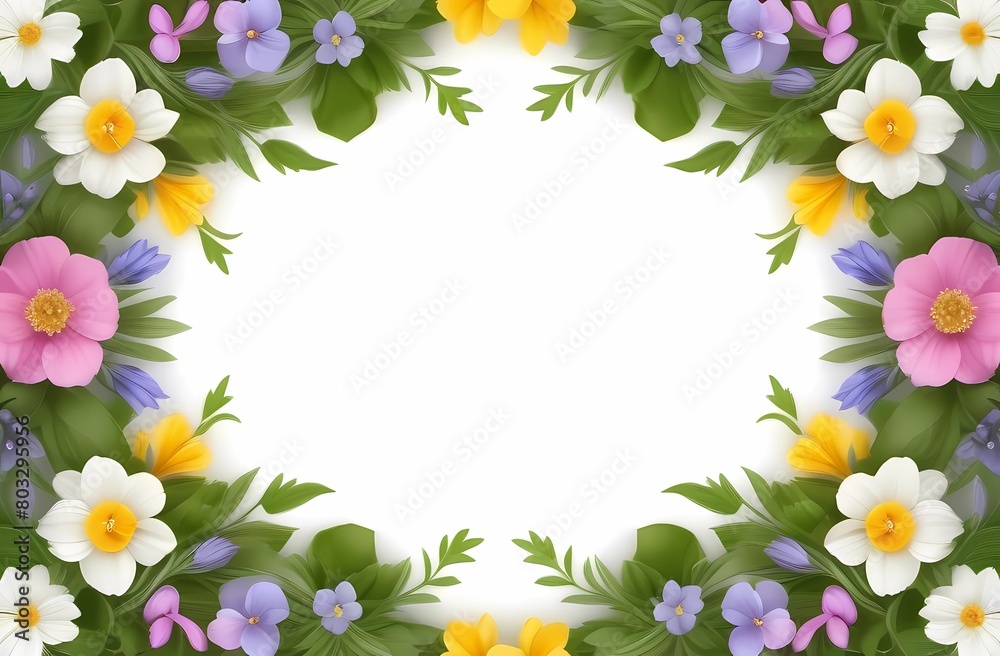 Background with a floral frame featuring spring flowers. Free space for words