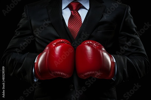 Corporate competition  businessman in office attire wearing boxing gloves for conceptual challenge © Ilja