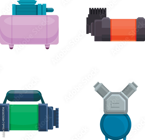 Compressor icons set cartoon vector. Air compressor and piston block. Industrial equipment
